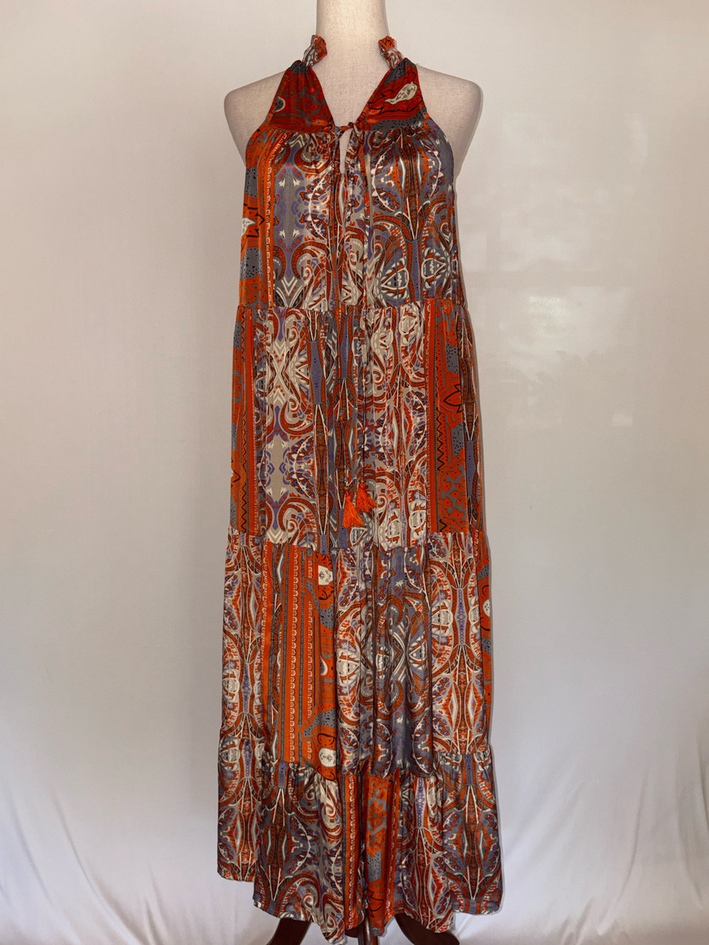 Fashion Fuse Bohemian Halter Maxi Swing Dress in Rust Paisley Size Small